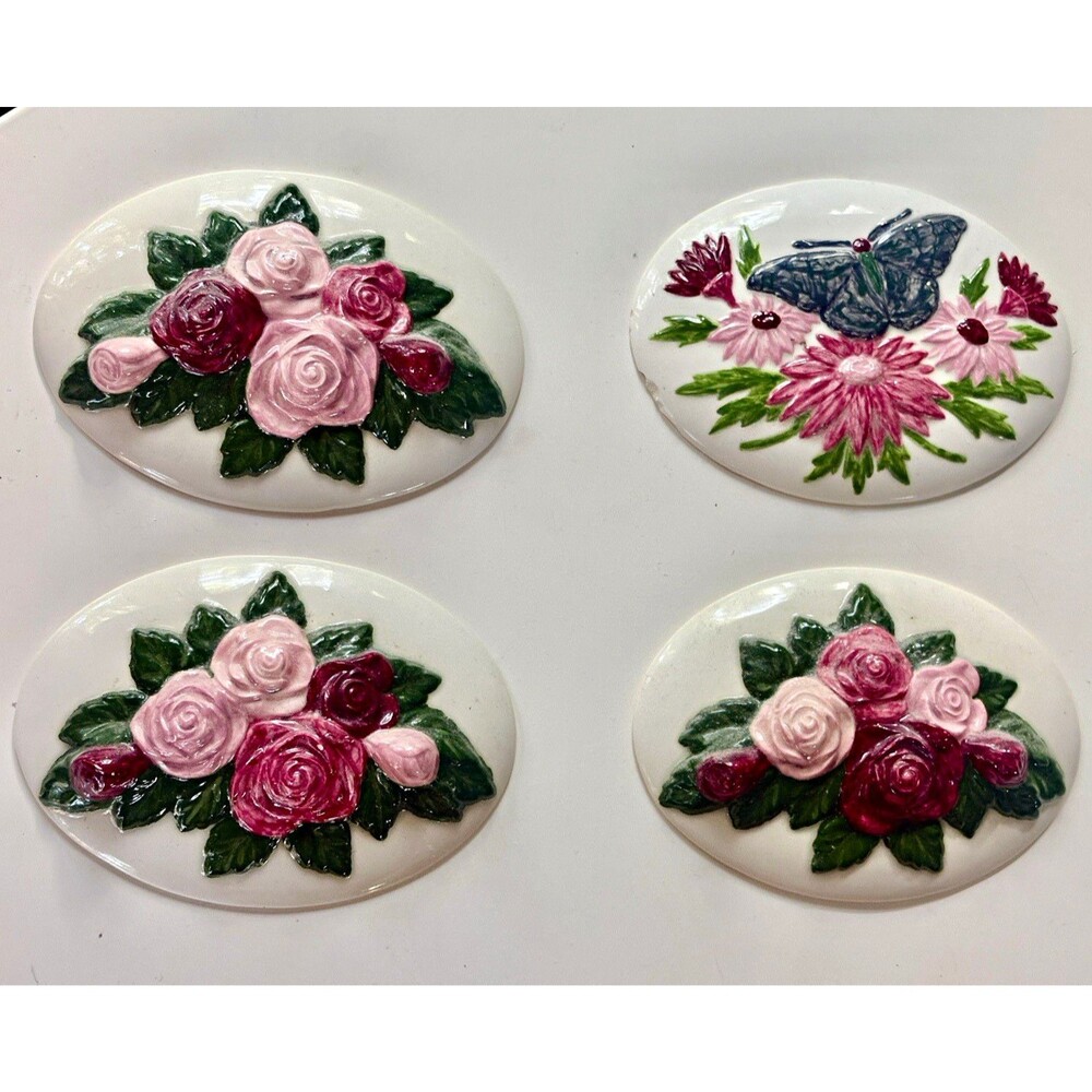 4 Porcelain Oval Relief Floral Wall Plaques Pink Rose Butterfly on White